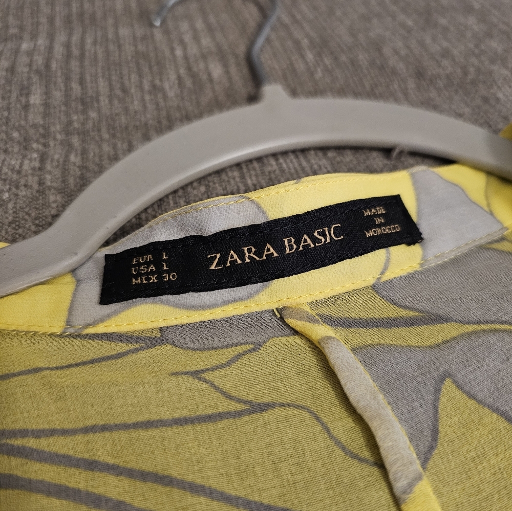 Zara Basic Yellow Gray Floral Lined Spring Wrap Mock Wrap Dress Size Large - Picture 4 of 5